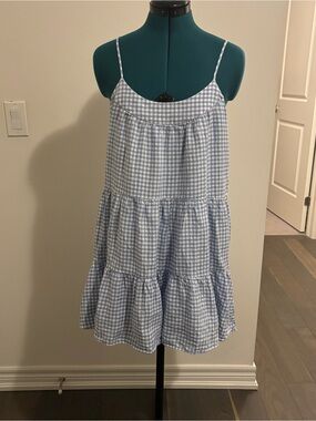 Sunday Best Blue Gingham Tiered Spaghetti-Strap Dress